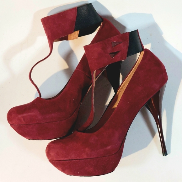 L.A.M.B. Burgundy suede Blade T-strap stiletto platform pumps, 9.5, never worn - Picture 10 of 16